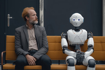 Man and AI robot waiting for a job interview: AI vs human competition