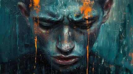 Wall Mural - sad crying man in dark colors.