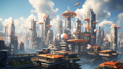 Poster - A cityscape featuring striking skyscrapers, advanced robotics, and flying vehicles, highlighting the integration of technology and urban lifestyle Generative AI