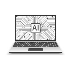 Poster - Artificial intelligence in laptop system icon, Laptop displaying electronic circuit chipset isolate on white background, Technology concept Machine learning, Vector illustration logo template.