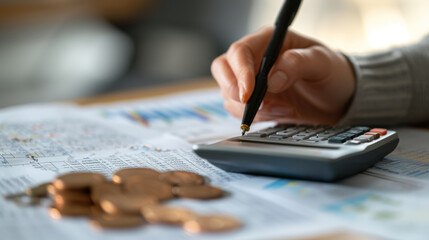 Canvas Print - close-up of a hand using a pen to press a button on a calculator with coins and financial documents on a table