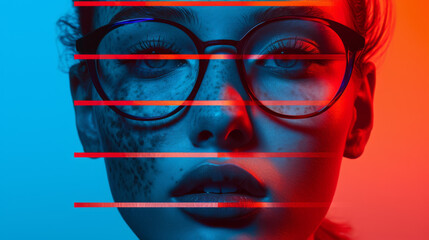 Poster - close-up of a woman's face with striking blue and red lighting