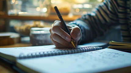 Wall Mural - close-up of a person's hand writing on a paper with a pen, clipped to a clipboard, on a desk with a soft-focus background