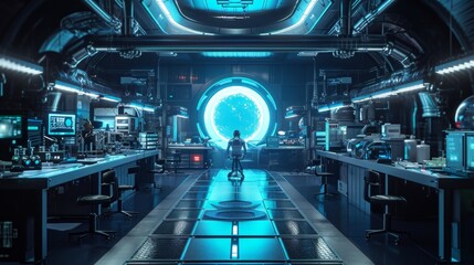 Poster - Futuristic laboratory event backdrop, high-tech equipment, sci-fi lab aesthetics, ideal for science experiments or tech showcases Generative AI
