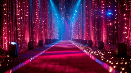 Poster - Glitzy red carpet event background, elegant stage setup, spotlights, and banners, perfect for celebrity interviews Generative AI
