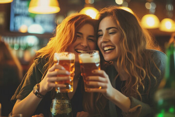  Young women with beer celebrating St. Patrick's Day in pub.