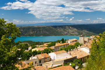 Sticker - Typical Provencal town Aiguines with Lac de Sainte-Croix, Verdon Natural Park, Alpes-de-Haute-Provence, Provence, France