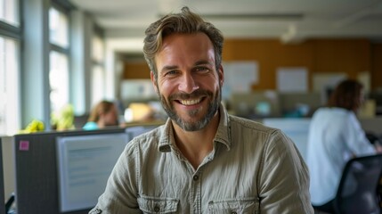 Poster - Photo concept of a man in an office cubicle, smiling confidently while working on paperwork and interacting with colleagues Generative AI