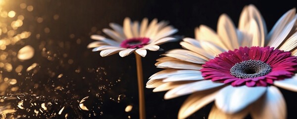 there are two white and pink flowers with water droplets on them