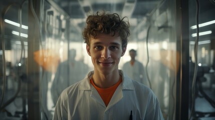 Poster - Portrait of a smiling veterinarian in scrubs, surrounded by various pet cages in a clinic, caring demeanor 
