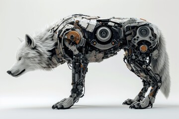 Aufkleber - Realistic depiction of a cybernetically enhanced wolf with robotic parts and technological upgrades, set against a plain white backdrop