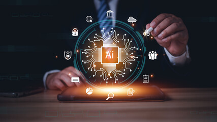 Wall Mural - ai technology, artificial intelligence. man using technology smart robot ai, artificial intelligence