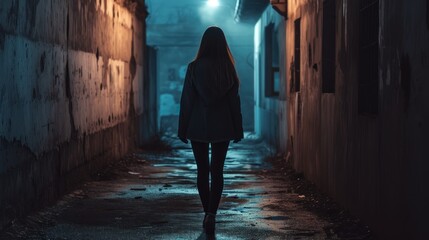 Mysterious girl walking alone along a dark alley AI generated image