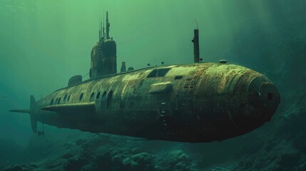 Wall Mural - Submarine sunken in the sea. Underwater world