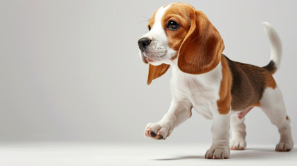 Poster - young beagle dog in mid-stride, looking to the side with a white background