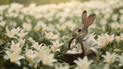 Wall Mural - Rabbit Bunny in a flower Field with a chest of Easter Eggs. AI Generative