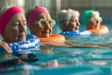 Senior women having swimming lesson with swim noodles in the indoor pool.