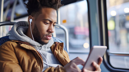 Sticker - man is sitting in a bus, looking intently at his phone while wearing earphones, a hoodie, and a mustard-colored jacket, with the city passing by outside the window