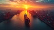 Container Cargo ship and Cargo plane with crane bridge in shipyard at sunrise, logistics import export and transport industry background, aerial drone view,