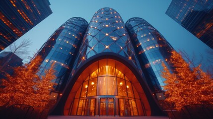 Poster - View from below of glass mirrored walls and illuminated lights of high rise office buildings in Calgary city against a cloudless blue sky