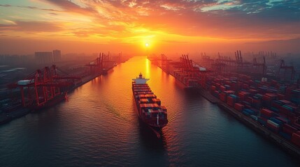Aufkleber - Container Cargo ship and Cargo plane with crane bridge in shipyard at sunrise, logistics import export and transport industry background, aerial drone view,