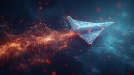 Leinwandbilder - Low poly wireframe mesh looks like constellation on dark blue background with dots and stars. Stardust trail texture. Travel, freedom and aviation concept illustration or background.