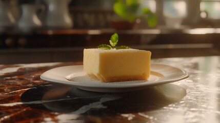 Wall Mural - Piece of cheese cake with mint leaf on a white plate.