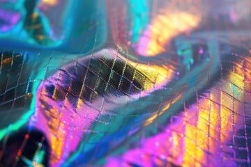 Wall Mural - Macro photo of colorful holographic foil with glitter grid pattern background.