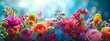 Spring banner with a vibrant bouquet of various flowers for celebrating 8 March or Mother's Day.