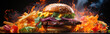 An image of featuring a burger and tomatoes with leaves and fire flame with smoke Generative AI