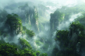  a mystical and verdant mountain ravine shrouded in swirling mist, with steep, rocky walls