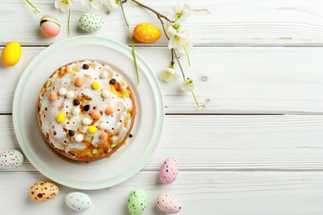 Easter cake and vibrant eggs displayed on a rustic wooden table, representing traditional Easter fare, top view, copy space