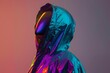 © dreamdes - Person with iridescent hood and mask. Synthwave, retrowave, vaporwave aesthetics. Retro style, webpunk, retrofuturism. 90s and 2000s era. Fashion and lifestyle. Trendy modern gradient
