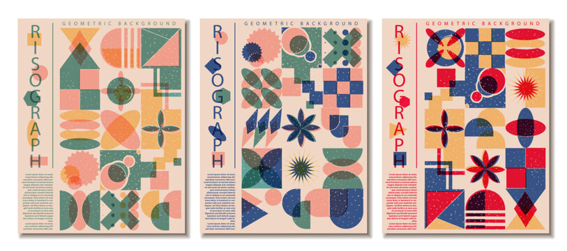 Collection of vertical poster with riso print effect. Abstract geometric risograph pattern risograph style