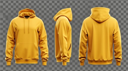 Wall Mural - Set of yellow front and back view tee hoodie hoody sweatshirt on transparent background cutout, PNG file. Mockup template for artwork graphic design