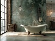 A serene indoor bathroom with a luxurious bathtub and sleek sink, nestled against the wall of a modern building, providing a peaceful escape from the bustling outdoor world