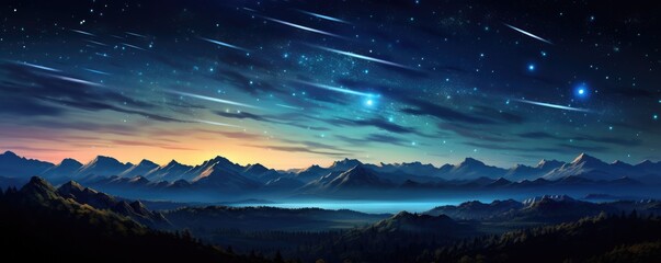 Wall Mural - landscape view on falling stars perseids, clear dark night sky, panorama banner. generative ai.