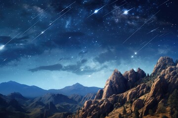 Wall Mural - landscape view on falling stars perseids, clear dark night sky. generative ai.