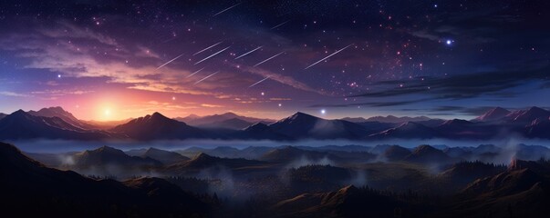 Wall Mural - landscape view on falling stars perseids, clear dark night sky, panorama banner. generative ai.