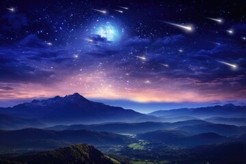 Wall Mural - landscape view on falling stars perseids, clear dark night sky. generative ai.