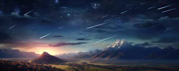 Wall Mural - landscape view on falling stars perseids, clear dark night sky, panorama banner. generative ai.