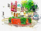 Fototapeta Uliczki - Watercolor picture view of Equisheim plus Beaux Villages de France, Alsace France.