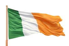 Vibrant Irish Flag Waving In The Breeze, Symbol Of National Pride. Perfect For Cultural Themes. High-quality Image For Printing. AI