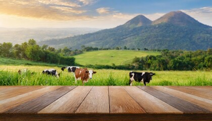 Empty wooden table top with grass field and cows background.