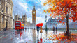oil painting on canvas, street view of london. Artwork. Big ben. man and woman under a red umbrella, bus and road. Tree. England