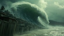 Tsunami Impact: A Massive Tsunami Wave Crashes Ashore, Engulfing Everything In Its Path, With Devastating Consequences.