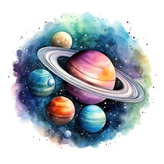 Wall Mural - watercolor multicolored planets in space on white background