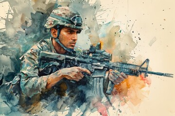 Pakistani modern soldier portrait Illustration. Modern soldier of Pakistan watercolor colors Illustration