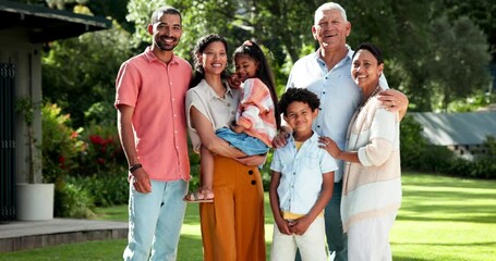 Wall Mural - Summer, garden and happy family with grandparents smile together on holiday or vacation. Backyard, portrait and parents with children outdoor with love, support and embrace on grass in Mexico