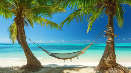 secluded paradise beach on a tropical island, hammock tied between two palm trees, clear blue sky, pristine white sand, untouched nature surrounding. Midday sun with bright, vivid color, Generative AI